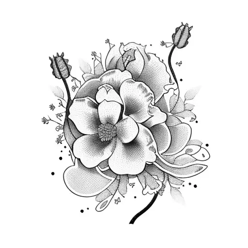 A Detailed Blackwork Tattoo Of A Blooming Texas Bluebonnet Surrounded By Lush Foliage Tattoo