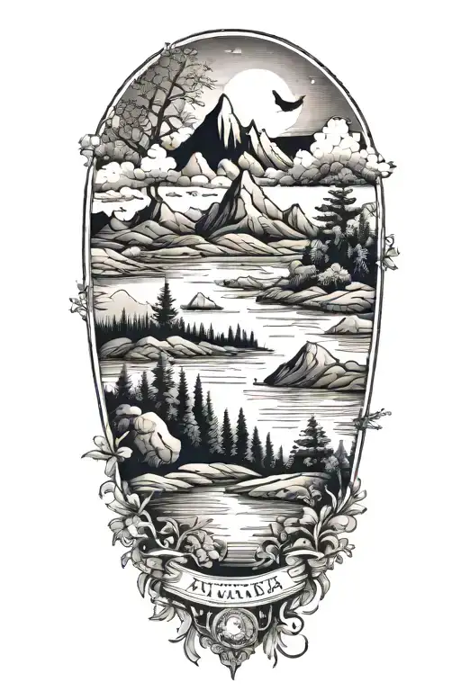 Postcard Style Landscape Tattoo Featuring Elements