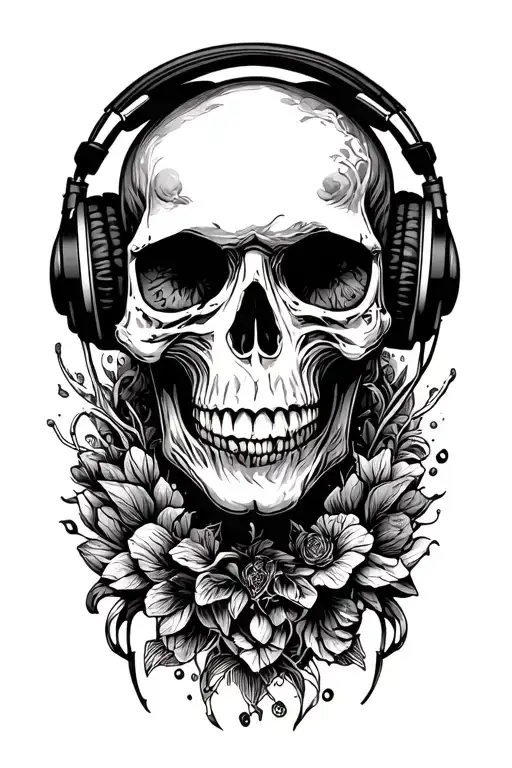 Skull Listening To Music On Headphones Surrounded