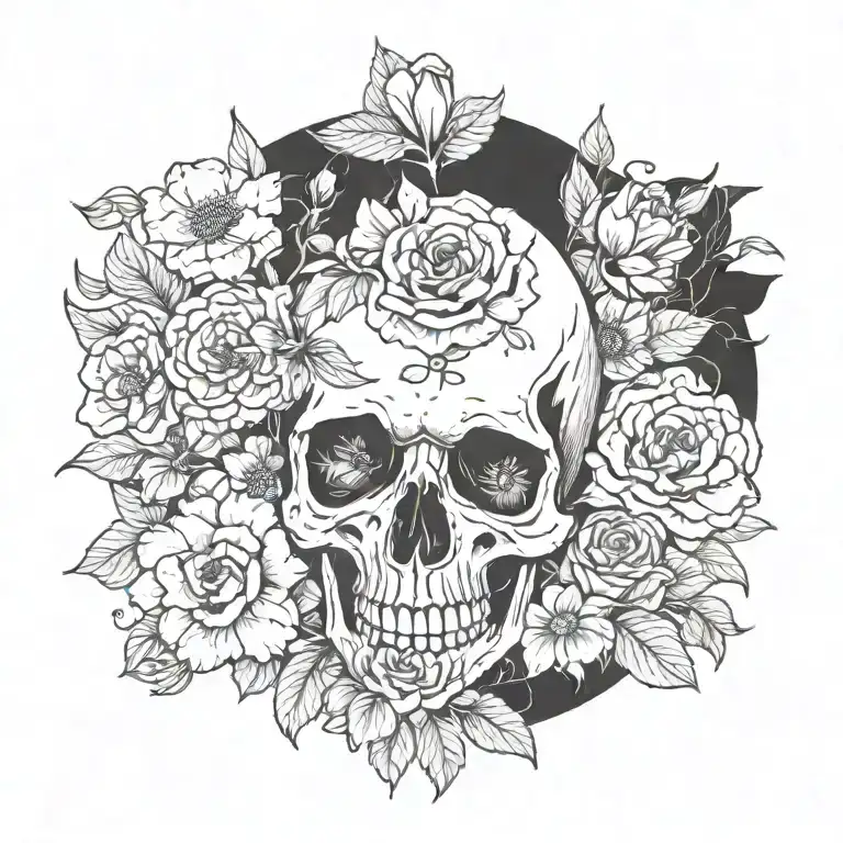 Skull And Flowers Blooming