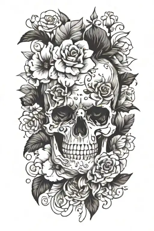 Skull And Flowers Blooming