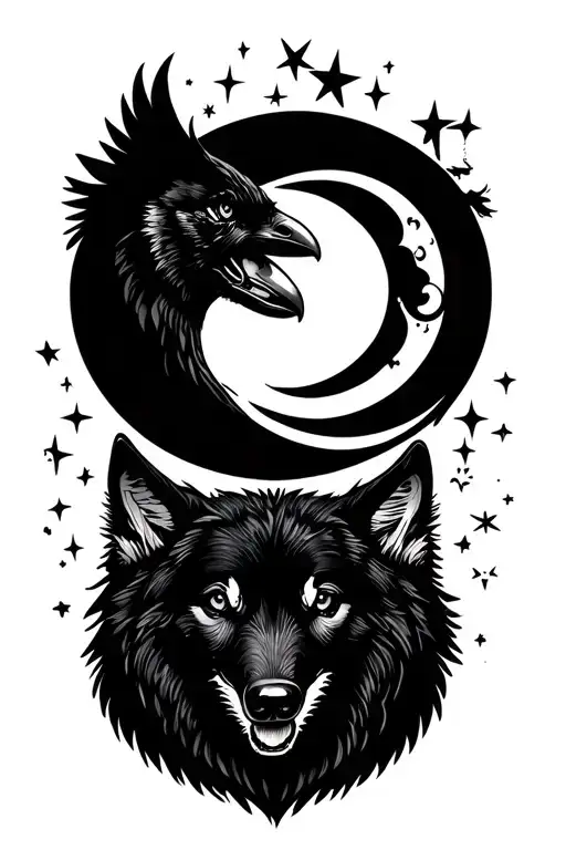 Crow Wolves Crescent Moon Stars