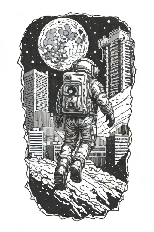 Astronaut Walking Through Abandoned City Crumbling Skyscrapers Under Cosmic Sky Crumbling Moon