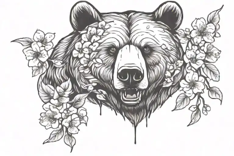 Bear Head With Cherry Blossom Flowers Growing