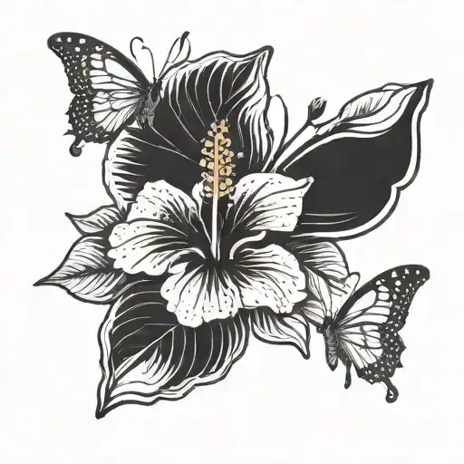 A Blackwork Tattoo Design Featuring A Beautiful Hibiscus Flower Surrounded By Delicate Butterflies