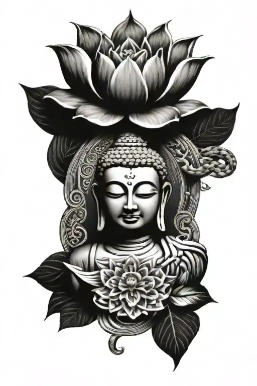 Buddha Tattoo With Snake And Flower With Mandala Design Incorporating