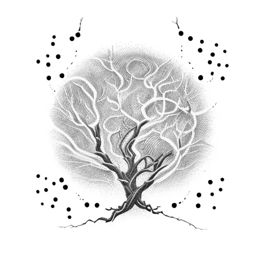 A Hauntingly Beautiful Tree With Twisted Branches And Glowing Fireflies