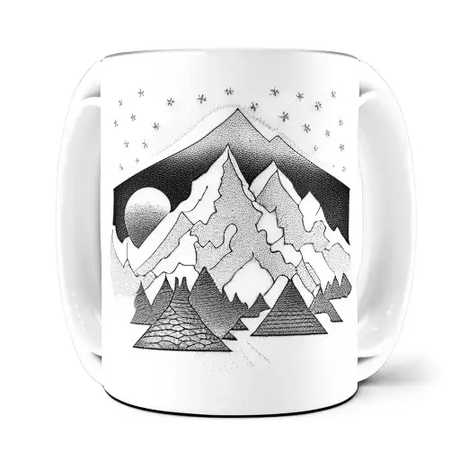 A Coffee Mug Surrounded By Mountain Peaks And Trees