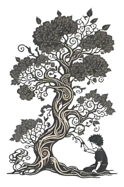 Curly Boy And Tree Of Life Intertwined