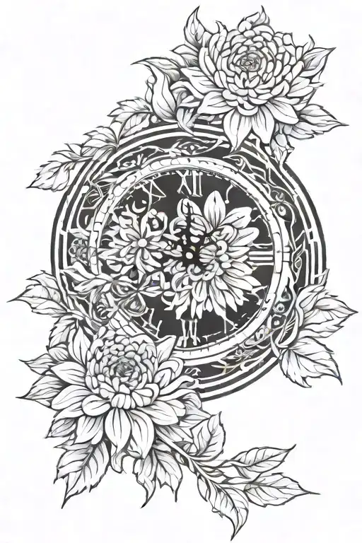 Clock Face Surrounded With Chrysanthemum