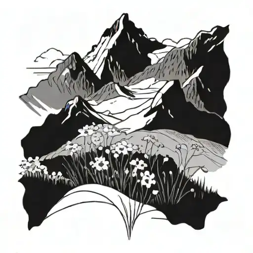 A Serene Mountain Landscape With A Field Of Wildflowers Blooming At The Base