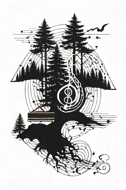 A Geometric Design Incorporating Musical Notes And Forest Elements