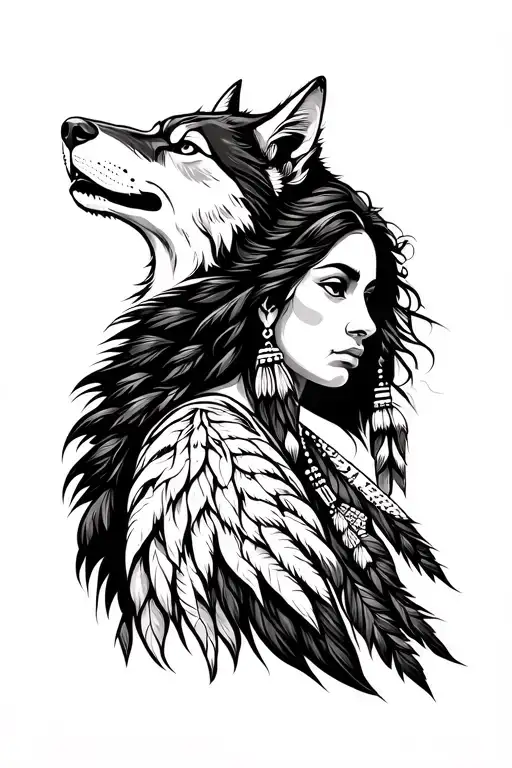 Howling Wolf In The Background With An Indian Woman Who Looks Into The Distance In The Focus In Sc Tattoo