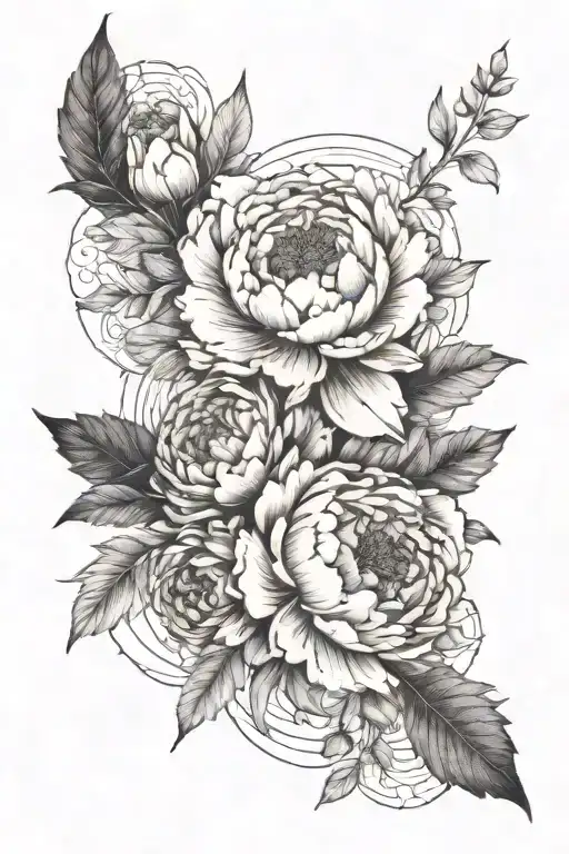 Half Sleeve Nature Elements And Peonies With Black Bands In The Middle