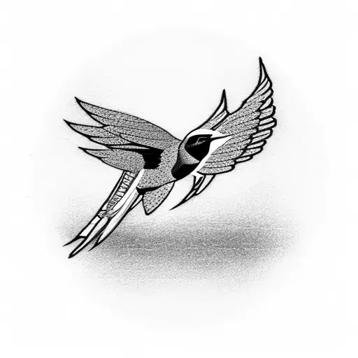 A Blackwork Tattoo Of A Swallow Flying Over A Surfboard With The Word 'Love' Written In Cursive