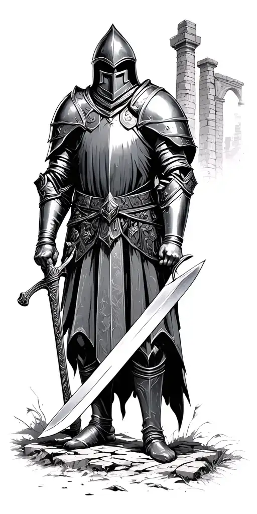 Knight Holding A Sword In Front Of Ruins