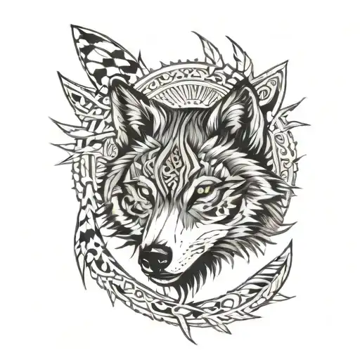 A Tribal Wolf Design Incorporating Drumsticks As Part Of The Wolf's Anatomy