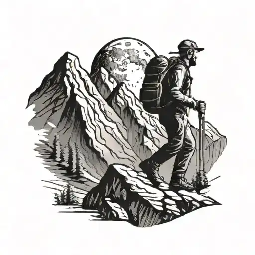 A Blackwork Tattoo Of A Hiker Trekking Through The Mountains With The Moon Shining Above