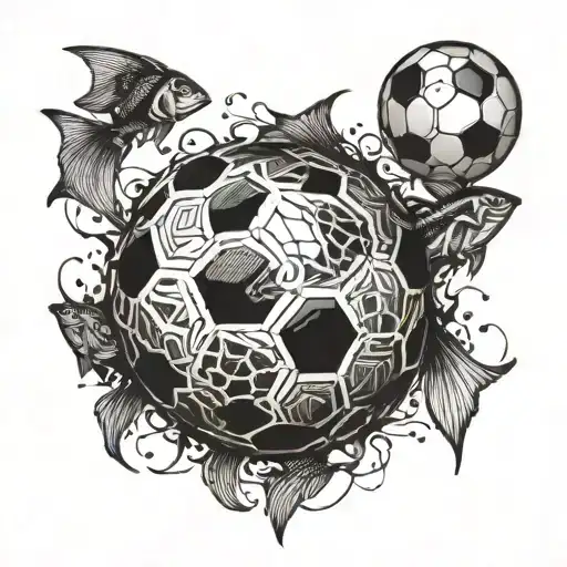 An Intricate Blackwork Design Of A Soccer Ball Morphing Into A School Of Fish