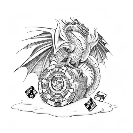 An Epic Fantasy Scene With A Dragon Guarding A Treasure Chest Filled With Poker Chips