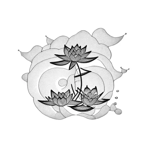 A Serene Lake With Lotus Flowers And Dragonflies In Blackwork Style