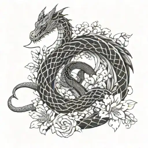 Love Of A Winged Dragon And Snake In Sakura Flowers