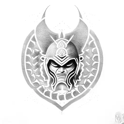 A Dotwork Tattoo Of A Spartan Warrior Holding A Banner With Ogum's Emblem