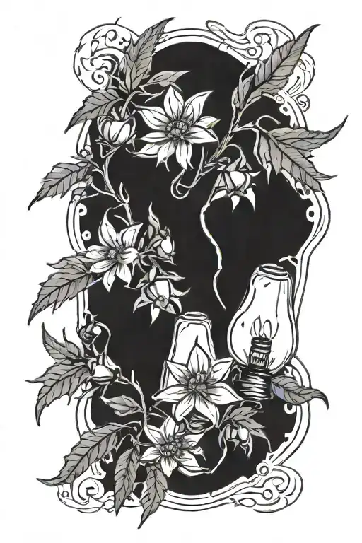 Two Edelweiss Flowers With Stems In A Broken Lightbulb Surrounded By Maile Lei