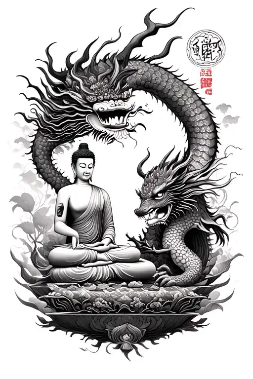 Buddha And Dragon With Japanese Themes Surrounding