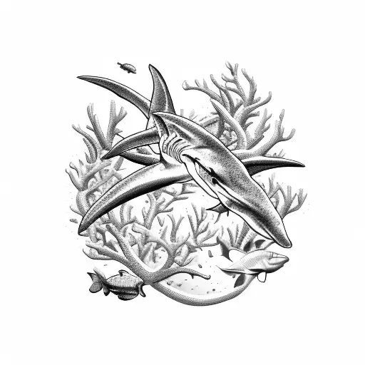 Hammerhead Shark In A Sketch Style Surrounded By Coral Reef