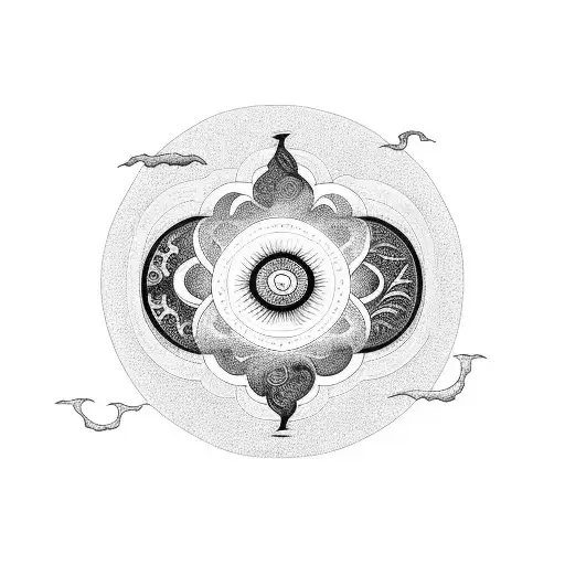 A Blackwork Tattoo Of A Yin Yang Symbol Formed By A Setting Sun And Rising Moon Over The Beach