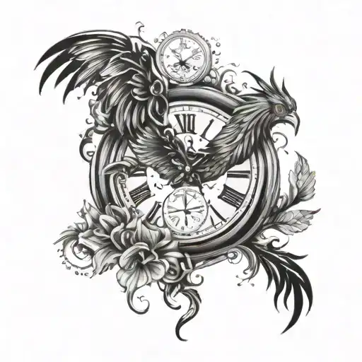 A Phoenix With Butterflies And A Clock Face