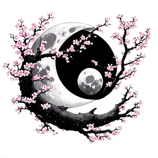 Moon Covered In Sakura Tree Branch