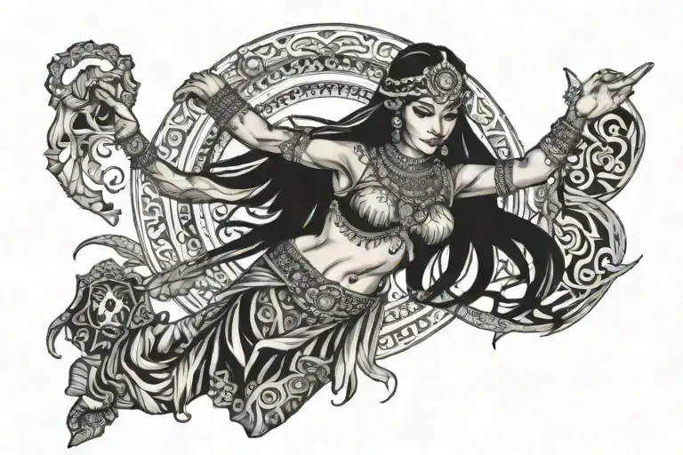 Design A Tattoo Featuring A Bellydancer Surrounded By Indian Cultural Symbols In A Blackwork Style