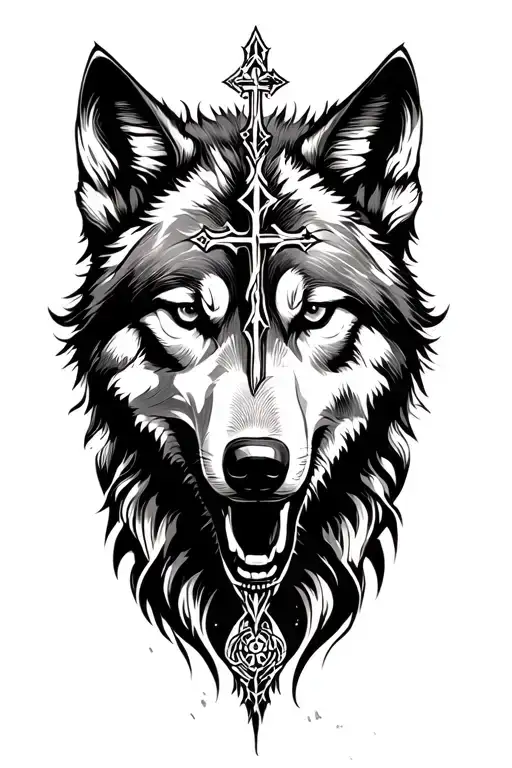 Cross And Wolf Face And Time