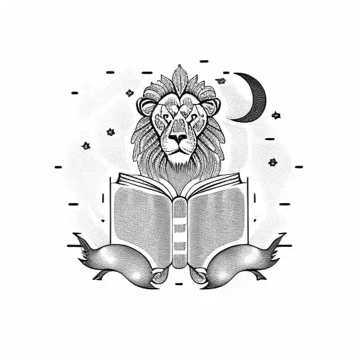 A Blackwork Tattoo Of A Lion Reading A Book Under A Moonlit Sky