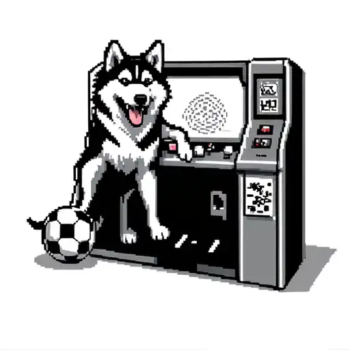 A Retro Arcade Machine With A Pixelated Husky Character Playing A Soccer Game
