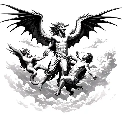 Dragon And Angel Fighting In The Sky Surrounding Jesus Stripped