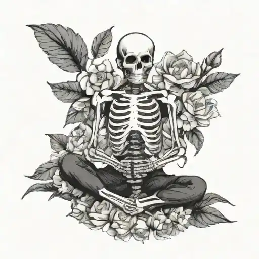Skeleton Sit Cross-legged Meditation Pose Surrounded By Blooming Flowers