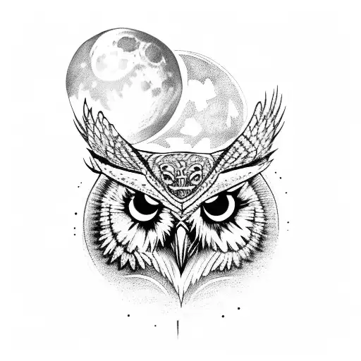 Owl Skull With Woman Underneath And Moon Over Top