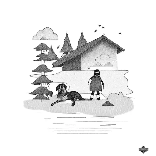 Foreground Dock With Child And Dog And Background With Lake And Forest