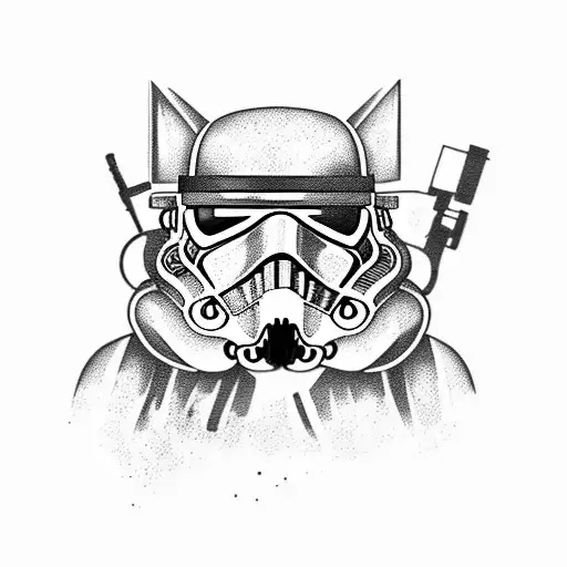 Aggressive Stormtrooper-cat Holding A Gun And Smiling Creepy