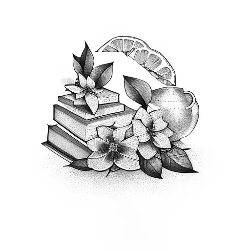 A Stack Of Books With Lemon Tree Flowers Blooming From Between The Pages