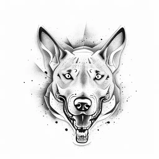An Adrenaline-inspired Blackwork Tattoo Of A Fearsome Bull Terrier Confronting A Serene Wolf