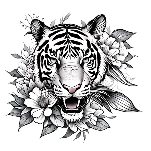 Koi Fish And Tiger With Flowers