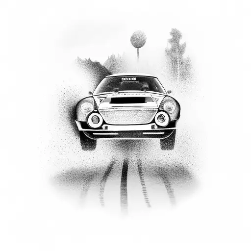 A Realistic Black And Grey Tattoo Of A Rally Car Speeding Through A Winding Road