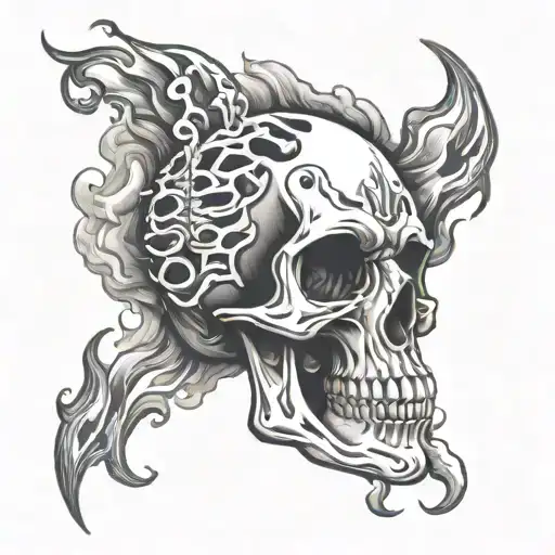 Skull And Skeleton Surrounded With Flames Clouds And Smoke