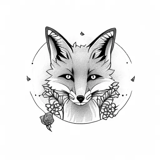 Fox In Circle With Immortelle Flowers