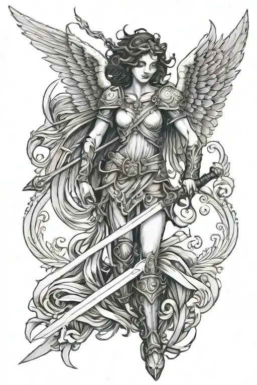 Angel With Wings And A Sword Half Black Half White