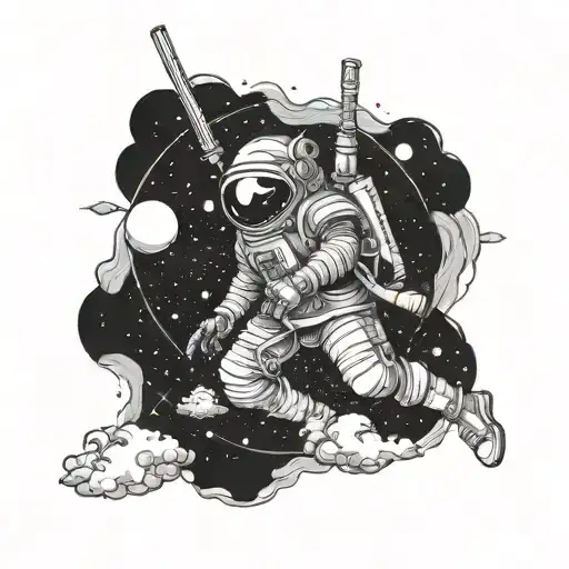 Black And White Samurai Astronaut Floating